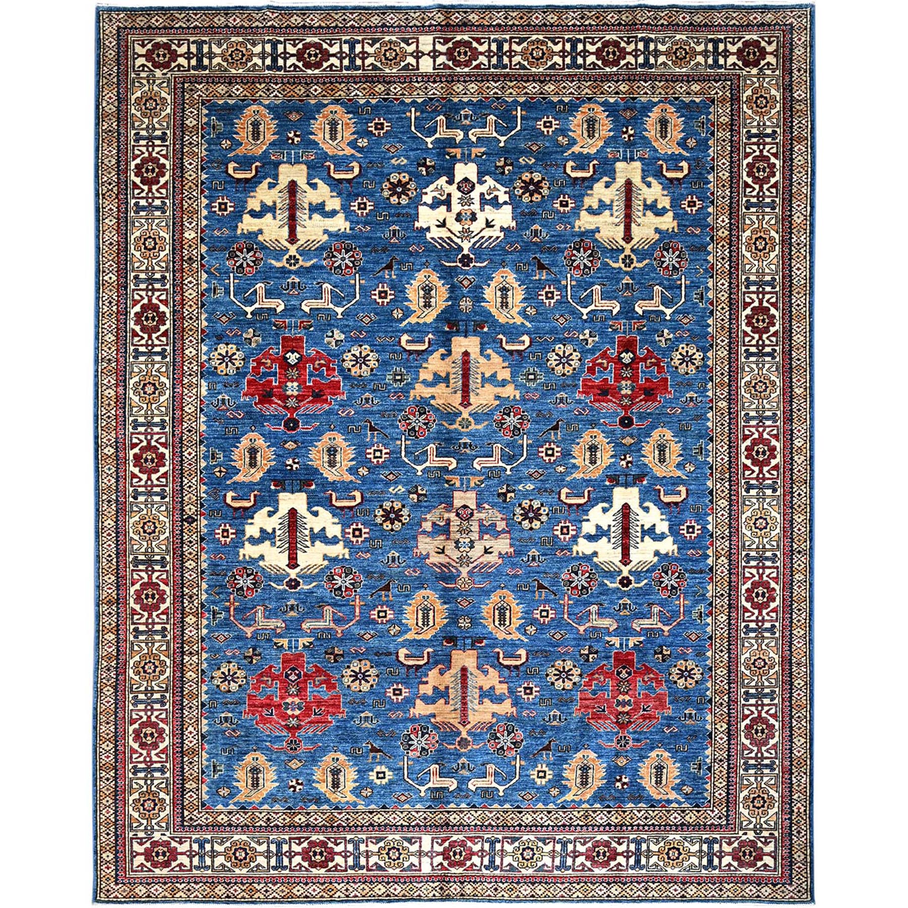 Fjord Blue and Tallow White, Soft and Shiny Wool, Hand Knotted Afghan Super Kazak with Tribal Medallions Design, Vegetable Dyes, Oriental Rug